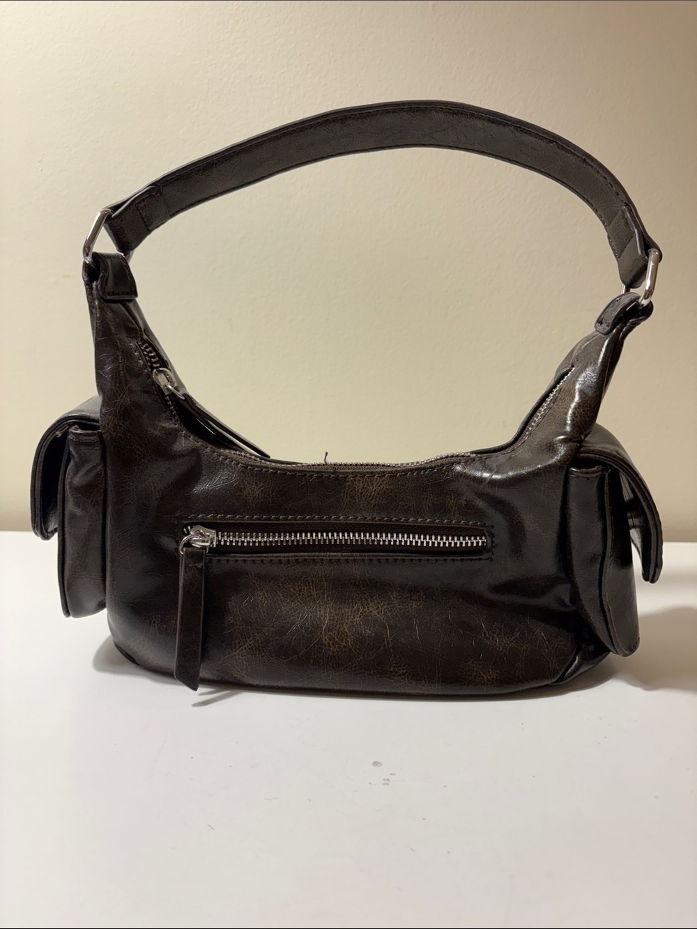 dark brown leather shoulder bag